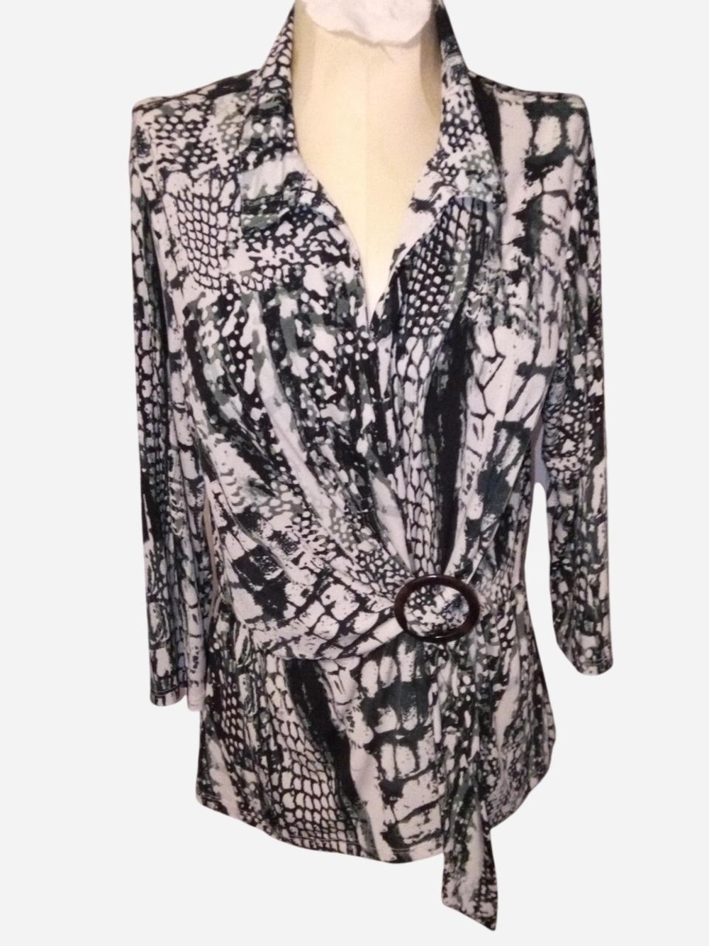 Black & White Snake-Print Wrap Tunic with Decorative Buckle